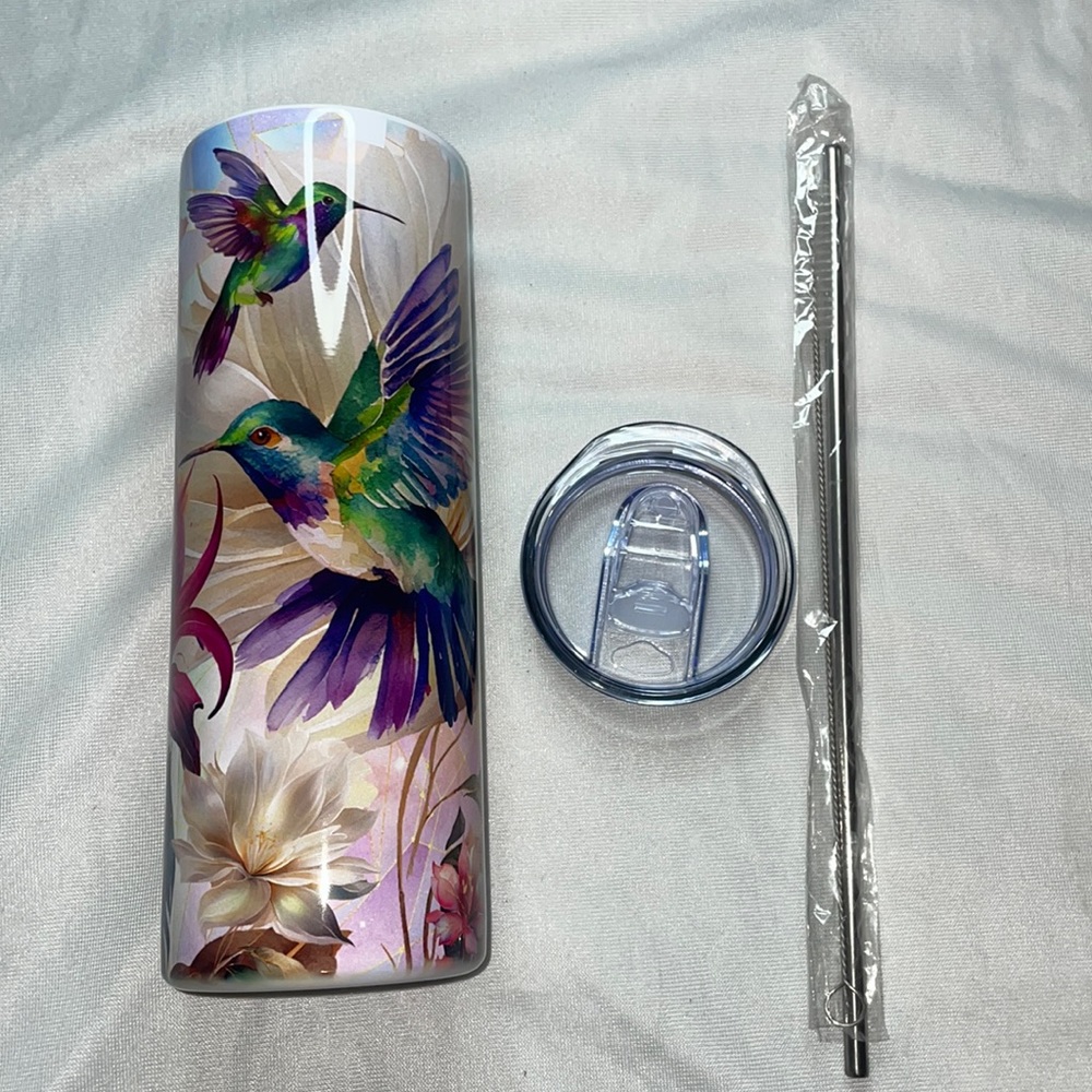 Gorgeous flower hummingbird 20 oz skinny tumbler cup with straw and lid